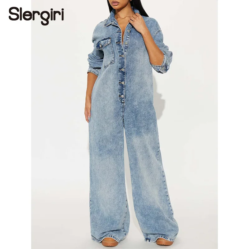 

Slergiri Vintage Half Button Denim Jumpsuit Women Fashion New 2026 Spring Casual Street Long Sleeve Loose Wide-leg Jumpsuits