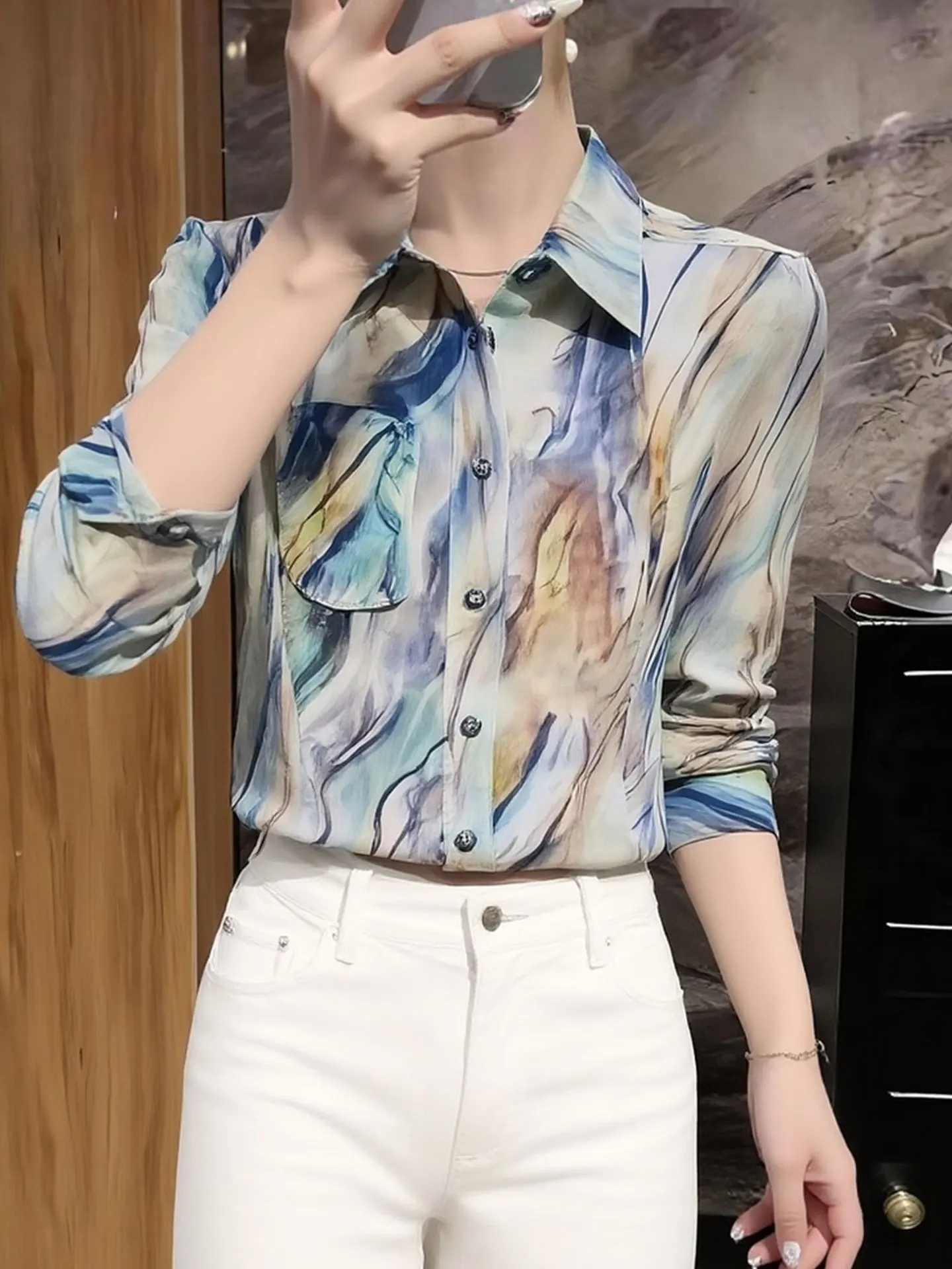 

Faionable Long Sve Ne irt Color Blo High End Korean Sle Spring Season Silk Top Women's Premium Feeling Blouse