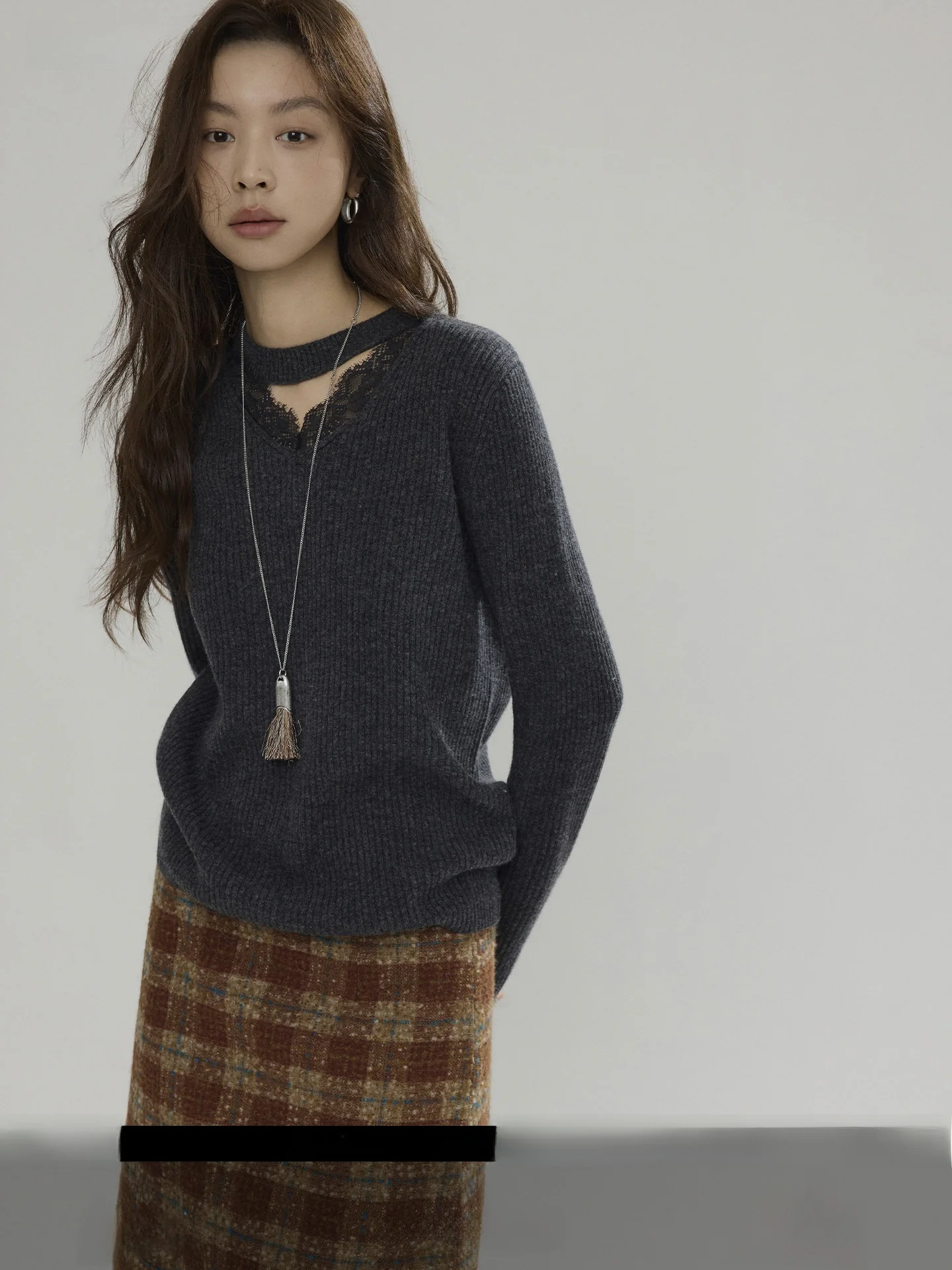 

Joli Choose00 Wool Lace Patchwork Knitwear Casual Ele Sle Long Sve round Ne Loose Fit Women's Winter Sweater