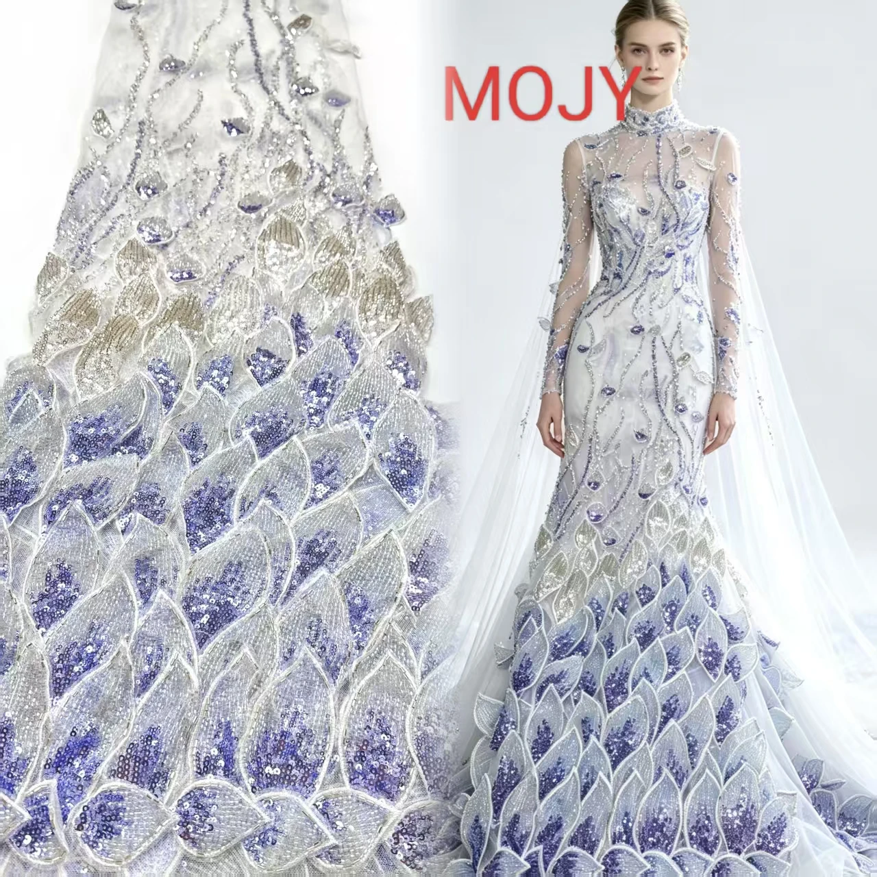 2026 3D Petal Sequins Rhinestone Beaded Tulle Lace Fabric Luxury Embroidery Mesh For Wedding Bridal Gown Mermaid Evening Dress