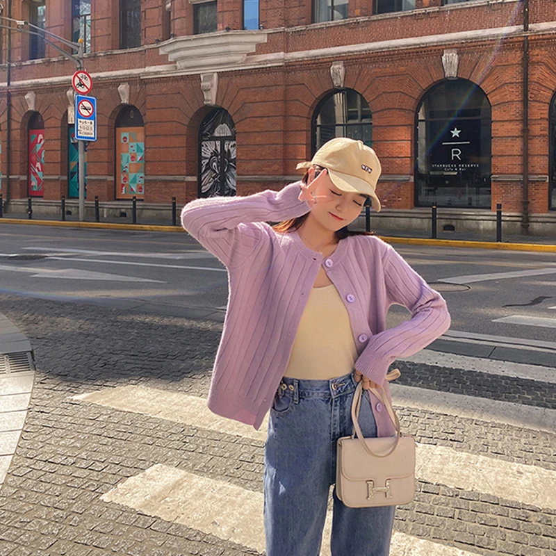 Purple Knitted Sweater Women Fashion Casual Long Sleeve Straight Button Cardigan Solid Elastic Vertical Pit Stripe Fall Jumpers