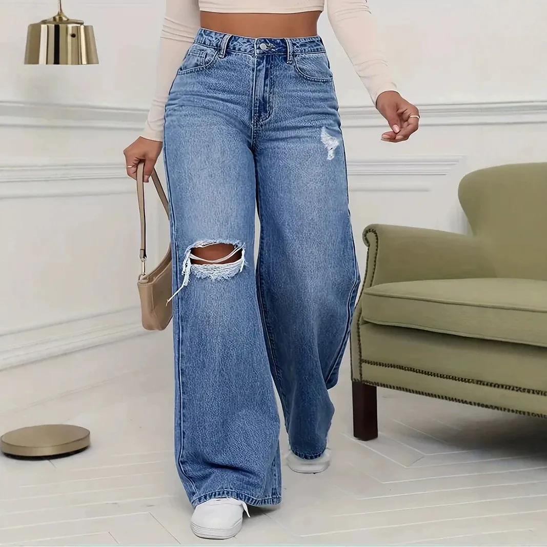 

Y2K Baggy Jeans Women High Waist Flared Leg Denim Pants Cotton Ripped Knee Light Wash Denim Jeans Wide Leg Vintage Jeans Pants