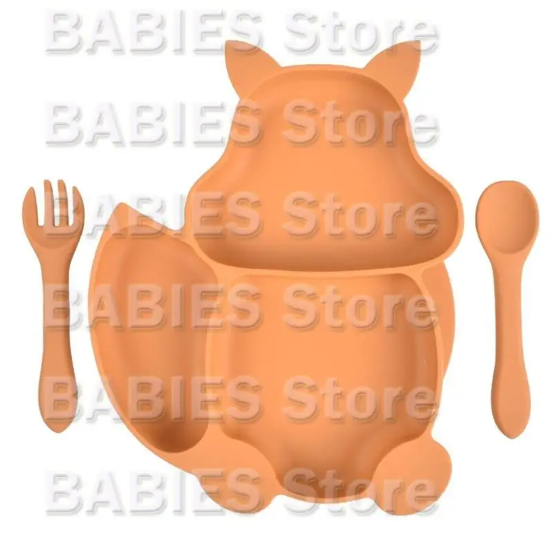 

C9GB Silicone Squirrel Baby Divided Feeding Plate with Spoon Fork Set Tableware