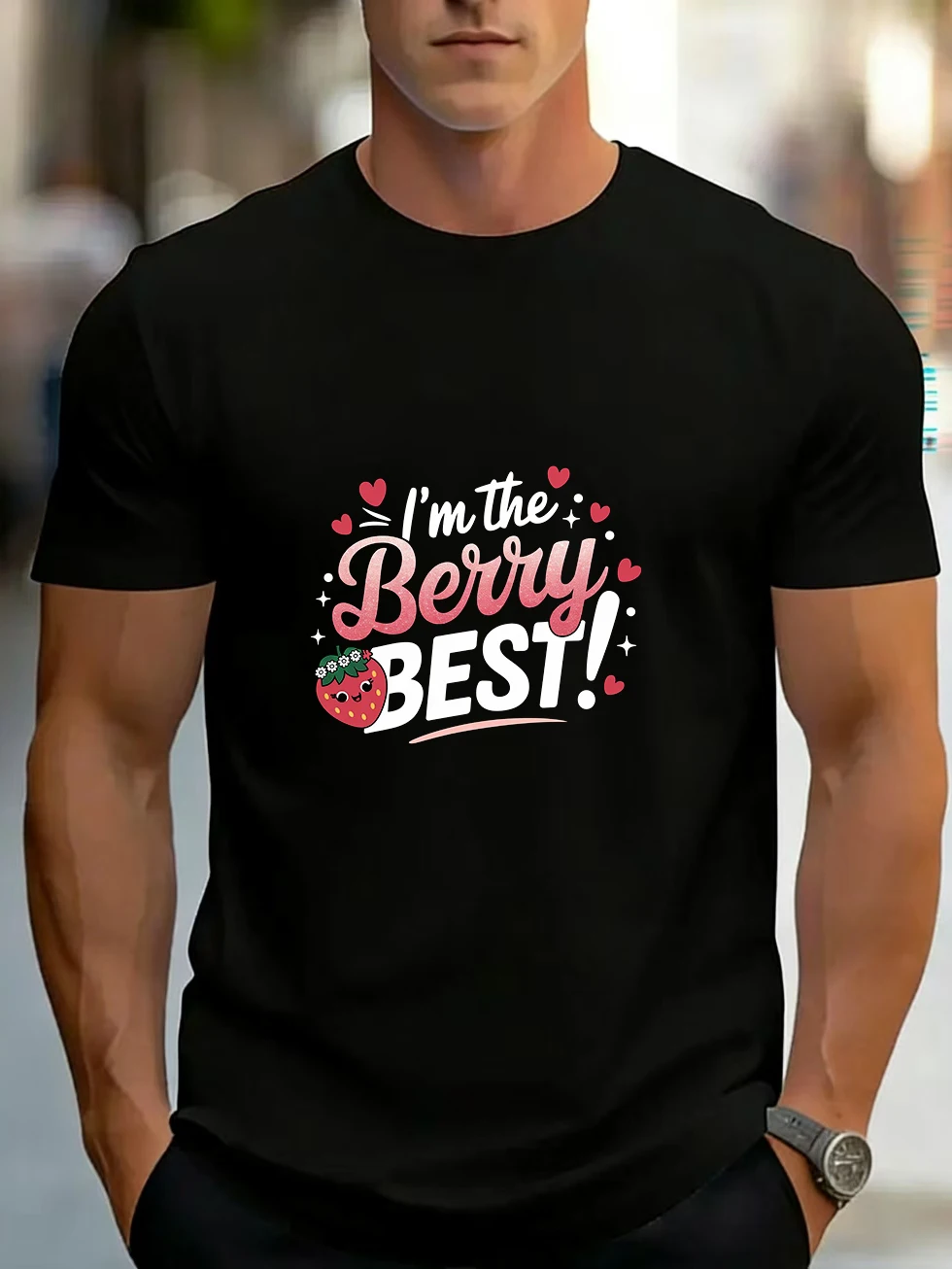 Men's Short-Sleeved T-Shirt with Skull and Cigar Trendy Font, Strawberry Cartoon Couple Matching Style, Pure Cotton