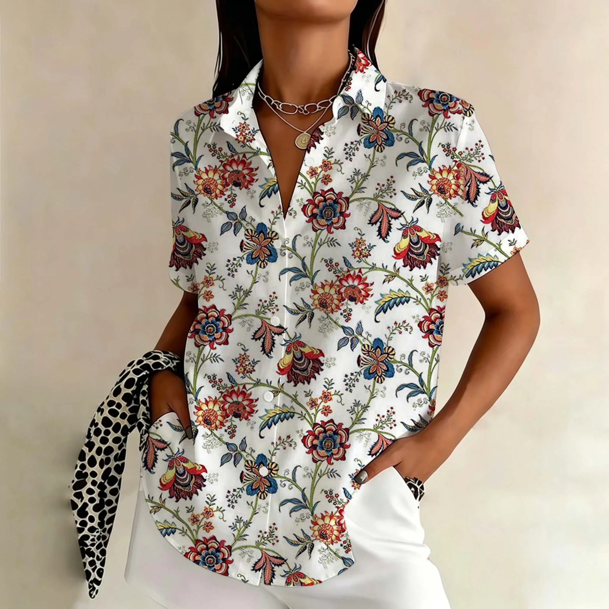 Vintage Ethnic Floral Women's Shirt Short Sleeve Button Down Elegant Graphic Blouse Summer Casual Tops Fashion Clothing