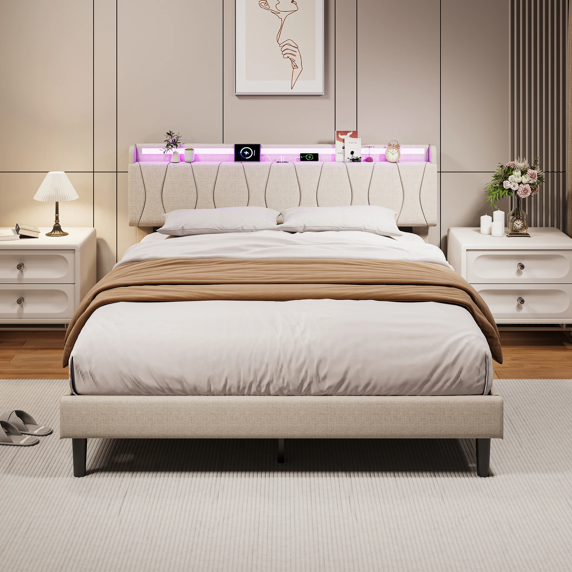 Rosahqnda Doppelbett für Erwachsene 140/160x200 cm, Einzelbett 90x200 cm mit LED-Kopfteil und Lattenrost, Polsterbett, Leinen, Beige/Grau, ohne Matratze