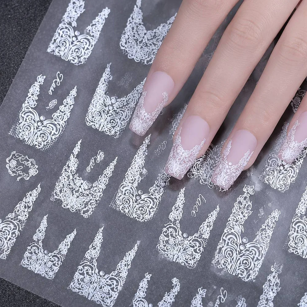 1Pc Intricate V Gothic Lace Nail Sticker Rhinestone Pearl Embellished Nail Decal Self Adhesive Black Matte Nail Slider