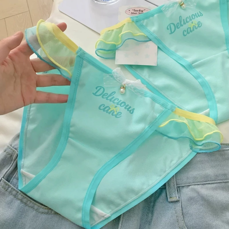 Mint Green Sheer Mesh Bow Womens Intimates Panties Underwear Fresh Side Strap Briefs 2026 New Arrival Breathable Cute Daily Soft