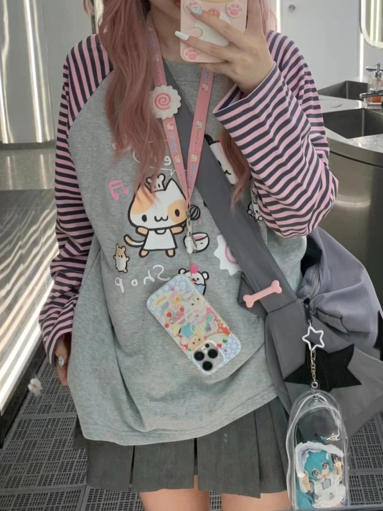 ADAgirl Harajuku Stripe T Shirt E-girl Kawaii Chinese Panda Graphic T-shirts Women Cutecore Cartoon Raglan Sleeve Clothes Autumn