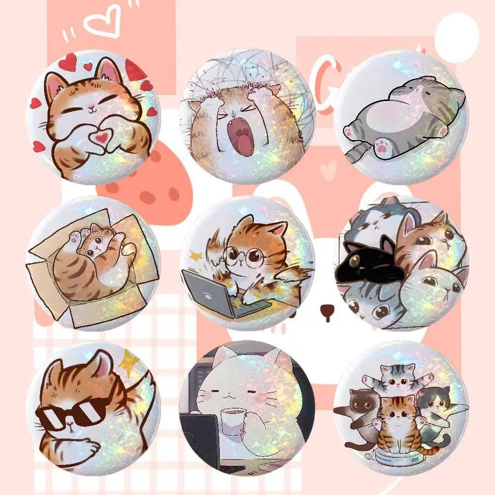 Cute Cat's Daily Work Anime Laser Double Flash Tinplate Badge Cartoon Character Pin Brooch Fan Collectible Cosplay Merchandise