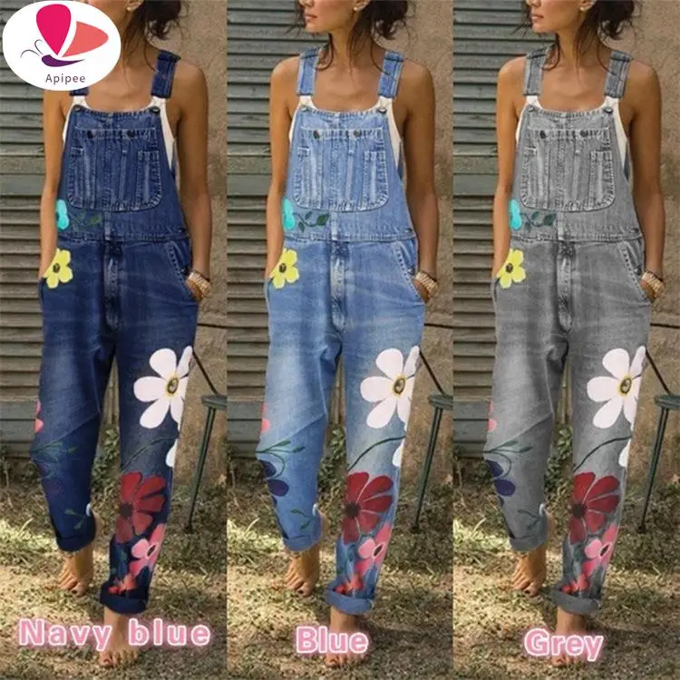 

Women Floral Print Jeans Pants Fashion Autumn Straps Neck Light Washed Romper Pockets Overalls Loose Sleeveless Denim Jumpsuit