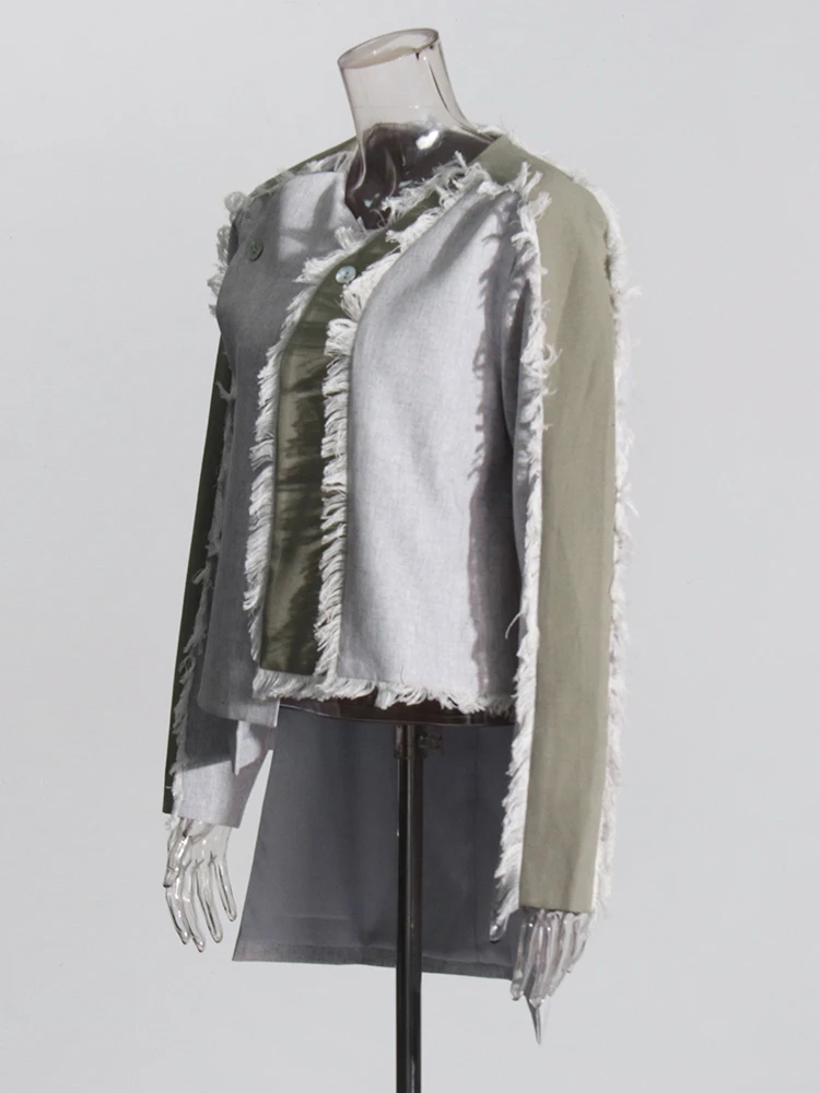 Hit Color Asymmetric Casual Jacket For Women V Neck Long Sleeve Spliced Button Slimming Casual Coats Female Fashion