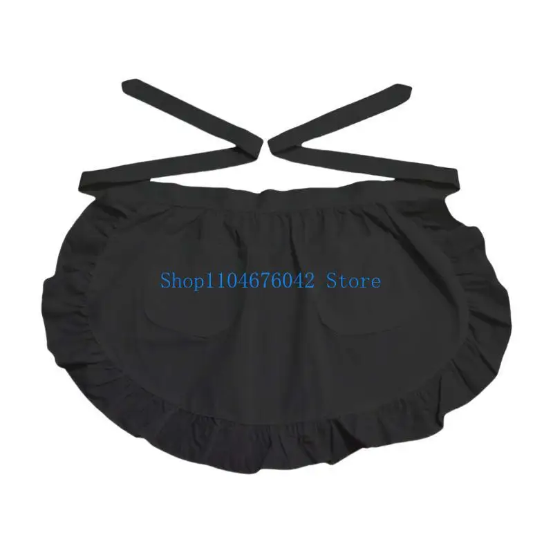 

5asd Vintage Waist Apron for Women with Pockets Ruffled Frilly Design Waitress Maid Costume Half Apron for Kitchen and Baking