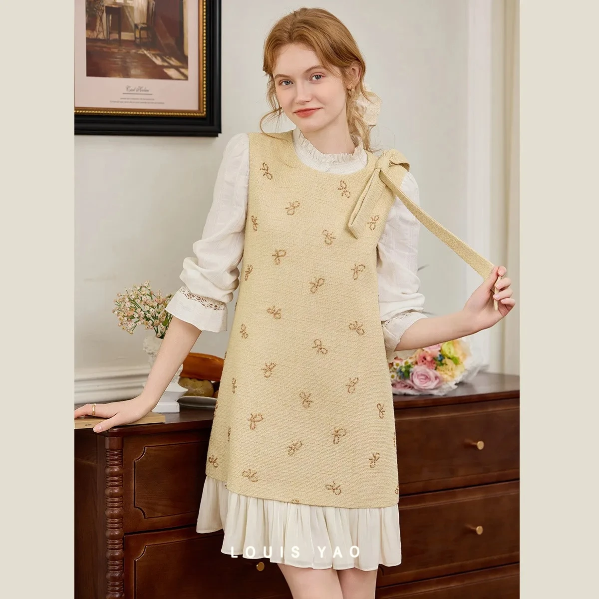 

LOUIS YAO Women's Sleeveless Dress 2026 Spring Princess Style Midi Dress Round Neck Beaded Embroidery Casual Party Vest Dress