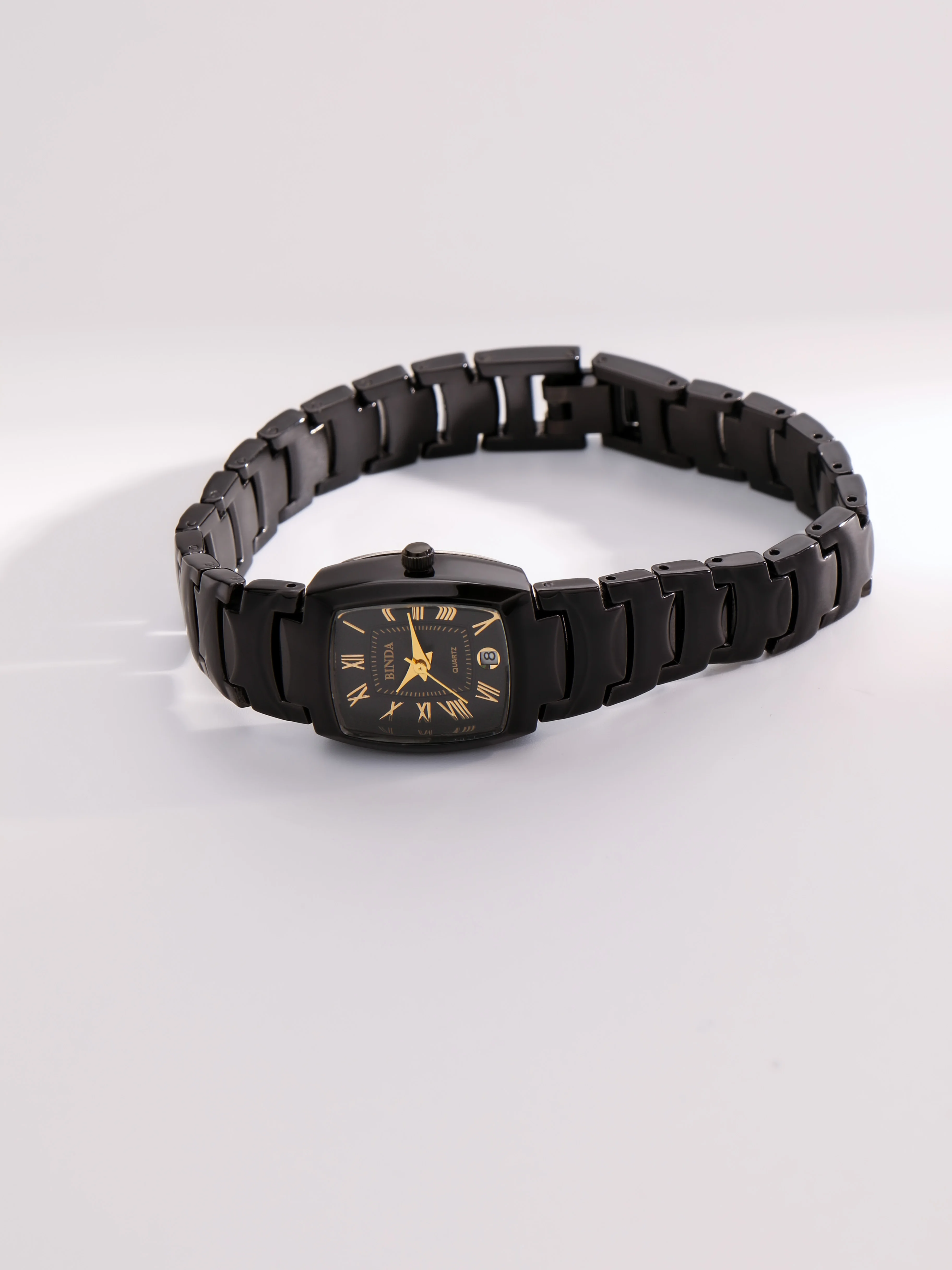 Binda Relógio de quartzo feminino luxuoso dourado e preto, estilo retrô elegante, relógio de pulso com pulseira de negócios da moda