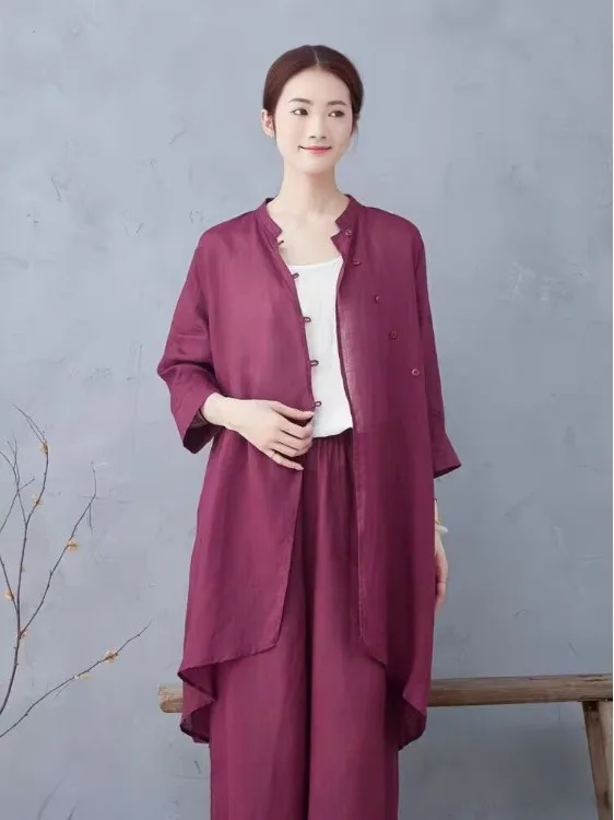 

Новый женский комплект в китайском стиле: модный дзен-костюм, традиционная буддийская одежда для мирянок, комплект из двух предметов с длинными рукавами, завышенной талией и свободным кроем