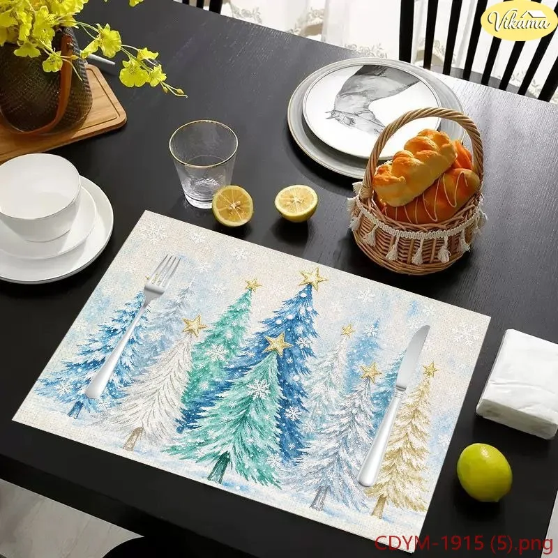 VIKAMA Christmas Placemats Watercolor Blue Green Xmas Tree Gold Star Washable Dining Mat Winter Holiday Kitchen Decor