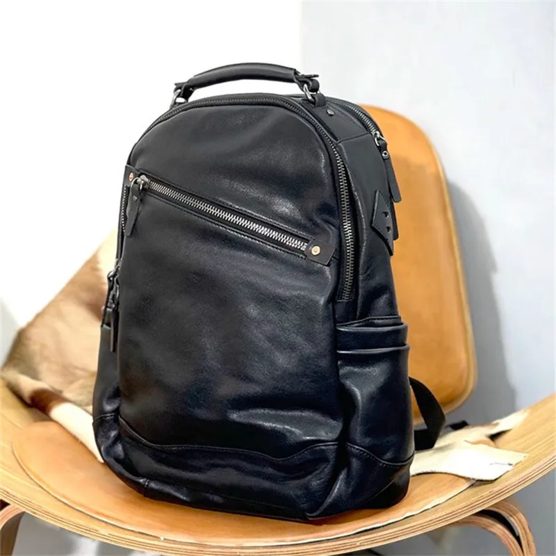 Fashion casual designer brand handmade genuine leather men's women's large-capacity backpack outdoor daily real cowhide bagpack