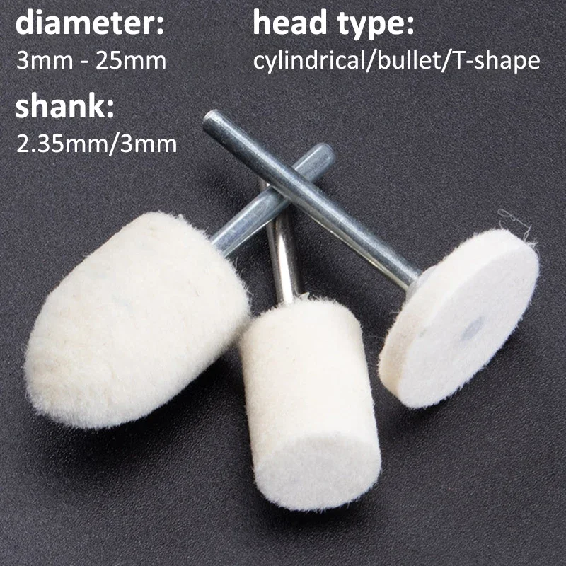 

5pcs OD 3-25mm Wool Felt Mounted Polishing Buffing Wheel 2.35/3mm Shank Grinding head For Dremel Drill Rotary Tools