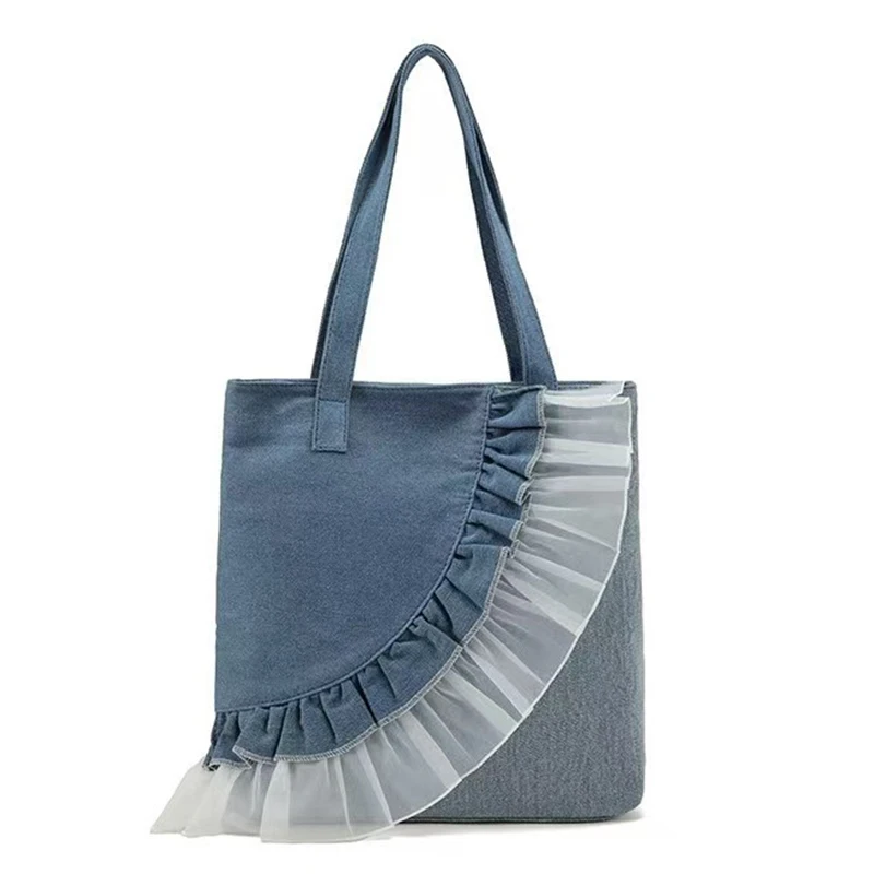 

women's new fashionable lotus leaf lace edge shoulder bag denim tote bag shoulder crossbody bag large capacity shoulder bag