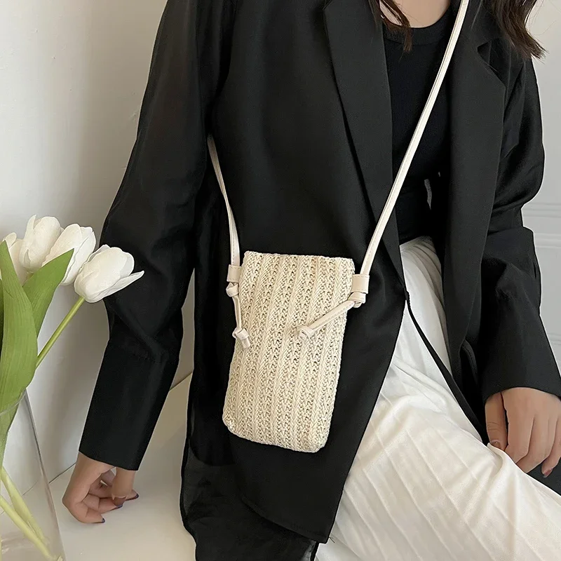 

Female Vintage Crossbody Phone Bag Straw Hand-woven Vacation Mini Purse Women Casual Mobile Phone Pouch Streetwear 2024