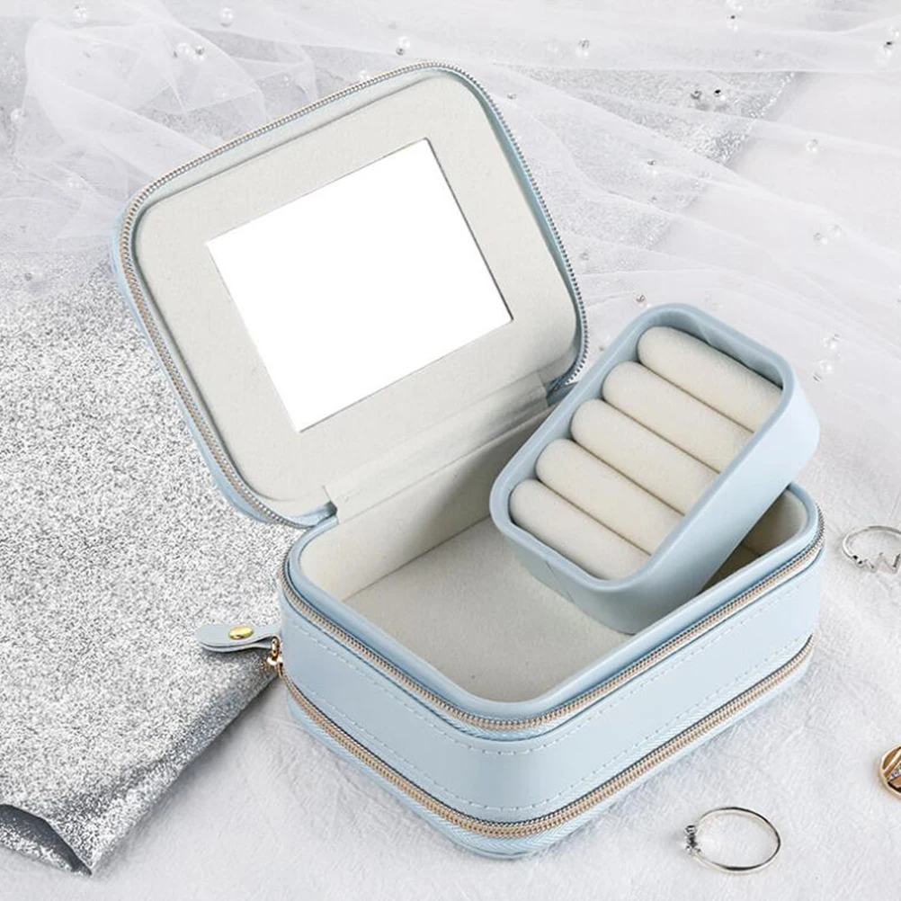 

Portable Zippered Jewelry Box PU Multifunction Jewelry Case with Built-in Mirror for Women Girls (Light Blue)
