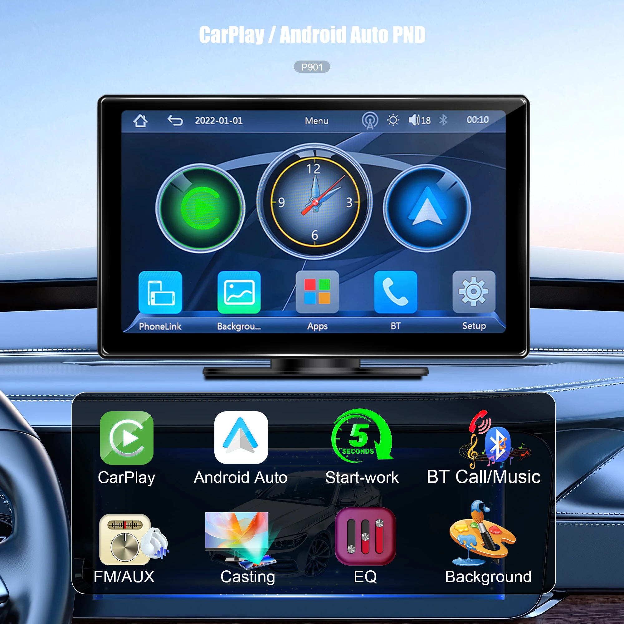Android System 4+64G 10 Inch Car Navigation Wireless CarPlay Android Auto AirPlay Android Cast BT Call Music FM AUX Output