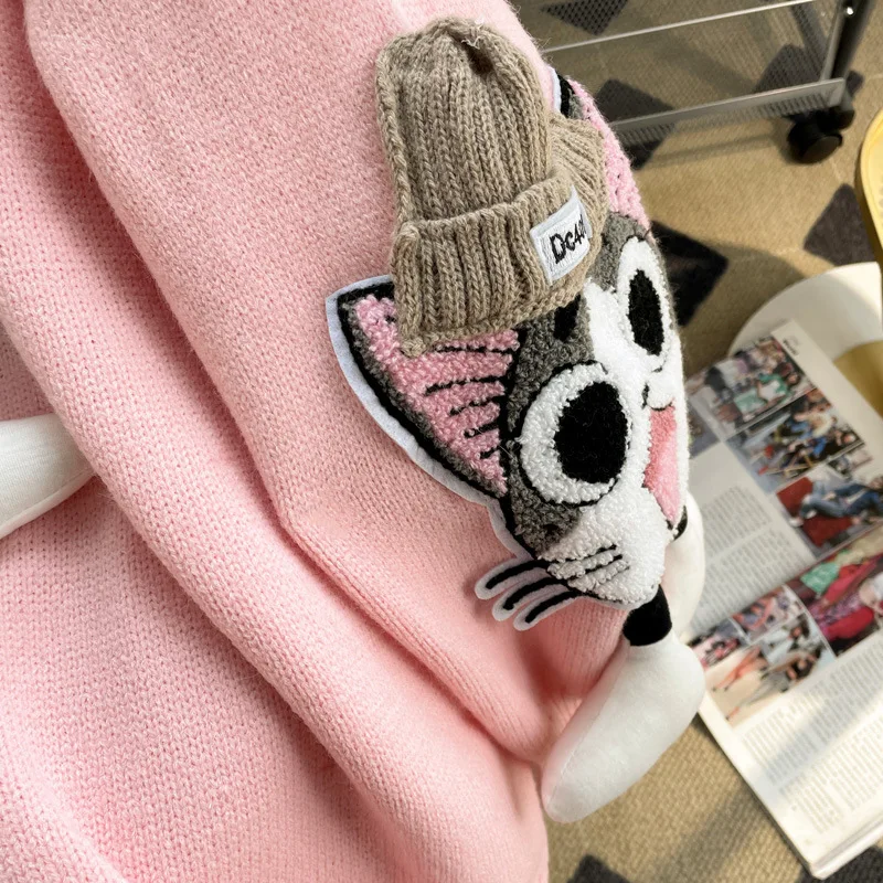 Hsa Cartoon Cat Hooded Sweater for Women Autumn and Winter Loose Outerwear Design Sweet Korean Style Knitted Coat