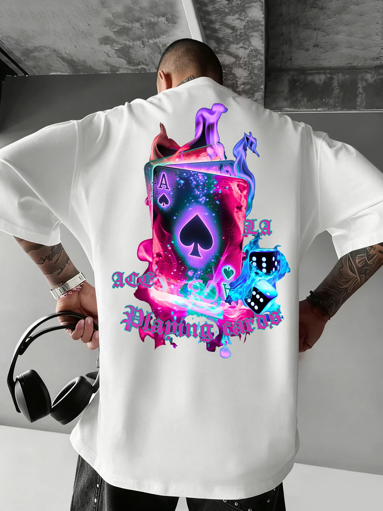 New Men'S Short-Sleeve T-Shirt with a College Style Featuring a Flame Poker Print