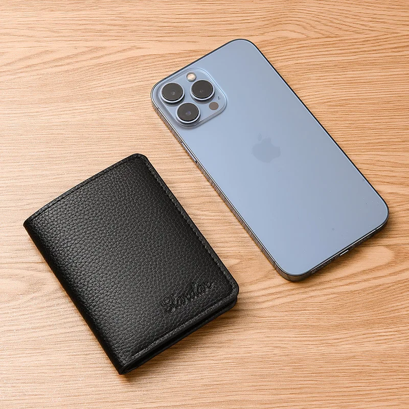 Carteira japonesa ultrafina com padrão de lichia, carteira curta vertical para estudantes, versão coreana, bolsa de cartão minimalista para jovens