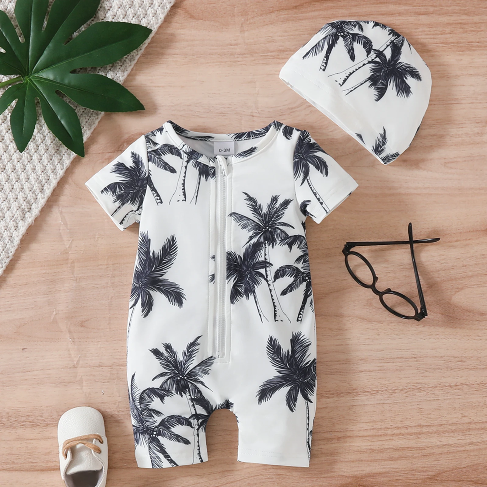 Baby Boy Summer Beach Vacation Style 2-Piece Set Coconut Tree Pattern Round Neck Front Zipper Short-Sleeved One-Piece Swimsuit with Hat