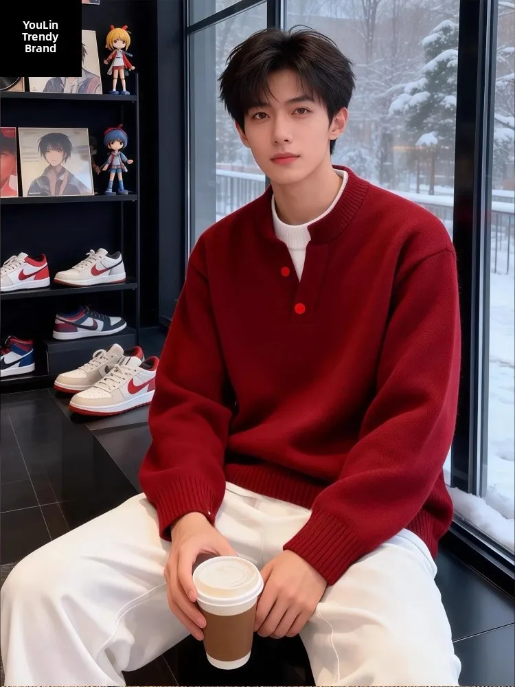 

Красный вязаный свитер-двойка (имитация) для мужчин, зимняя повседневная одежда, выбор для пар