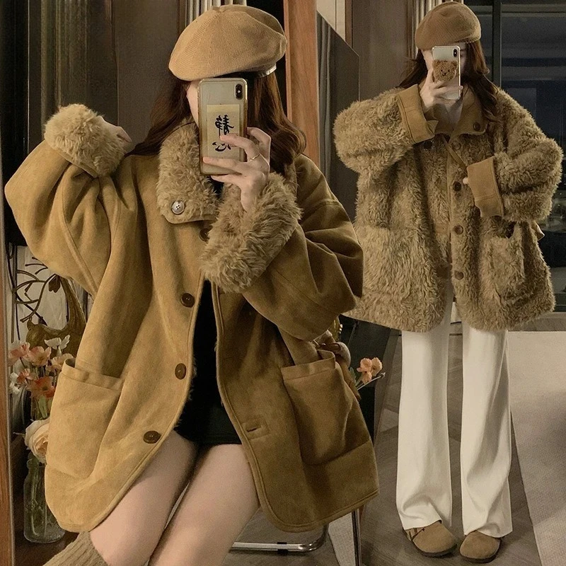 

Женская двусторонняя шуба из овчины | Двусторонняя мотоциклетная куртка большого размера на флисовой подкладке, зимняя толстая теплая верхняя одежда из искусственного меха