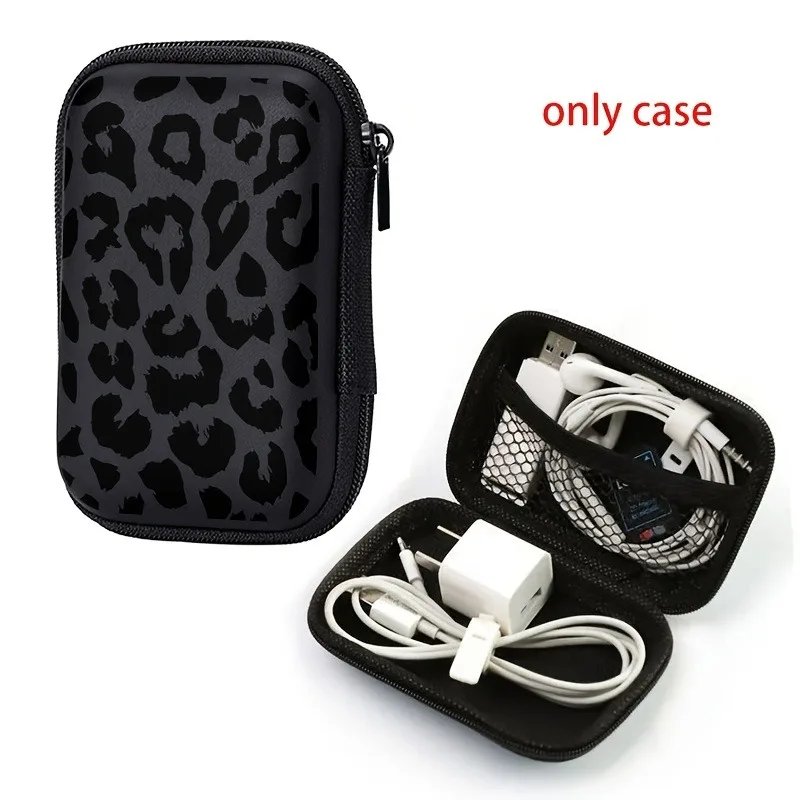 Black Leopard Print EVA Hard Shell Electronics Organizer Shockproof Portable Cable Organizer Bag for Earphone Charger Data Cable