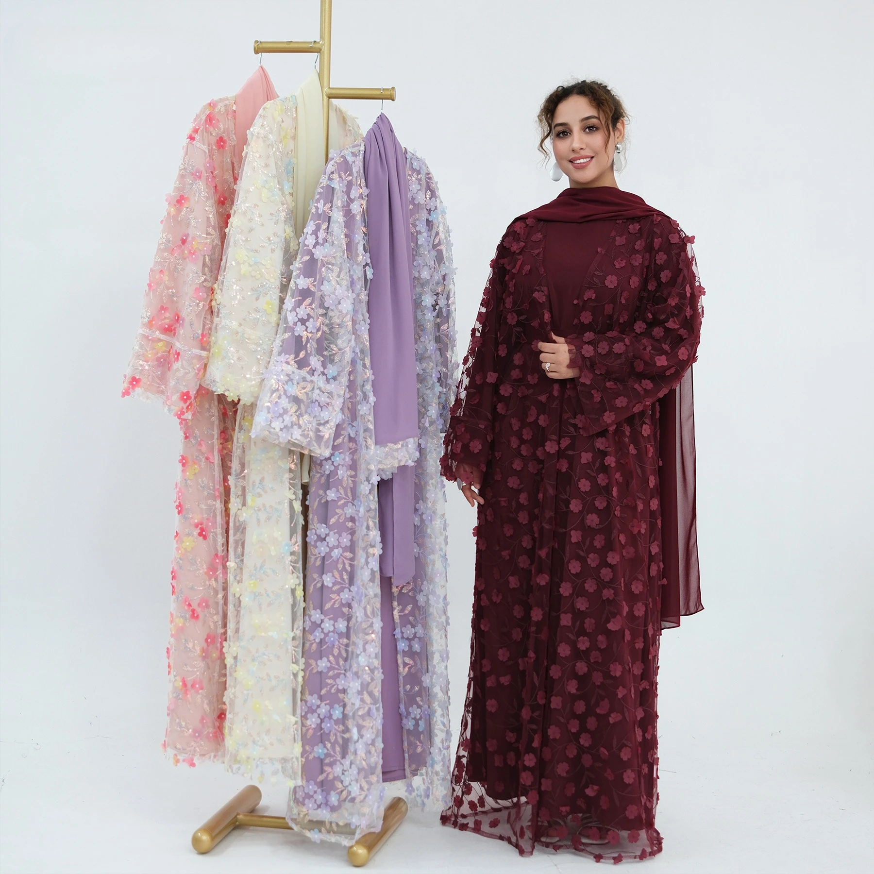 Embroidery Hijab - 2026 Luxus-Abaya EID 3D Blumenstickerei Spitzen-Abaya