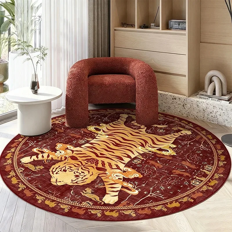 Round Living Room Carpet Machine Washable Non-slip Floor Mat Red Tiger Rug Large Size Soft Comfortable Home Decor Rugs Alfombra