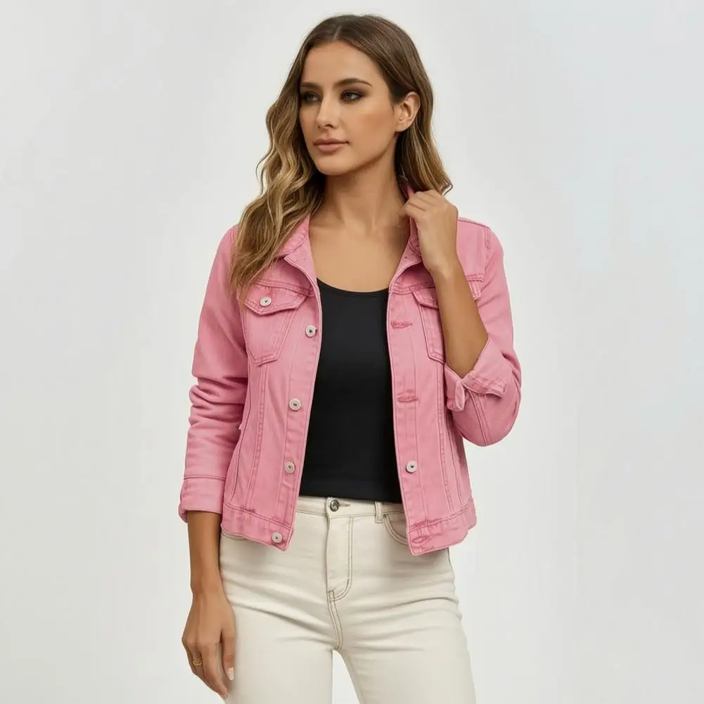 Solid Color Denim Jacket, Long Sleeve Button Down Jeans Coat with Pockets, Fall Spring Lightweight Outerwear
