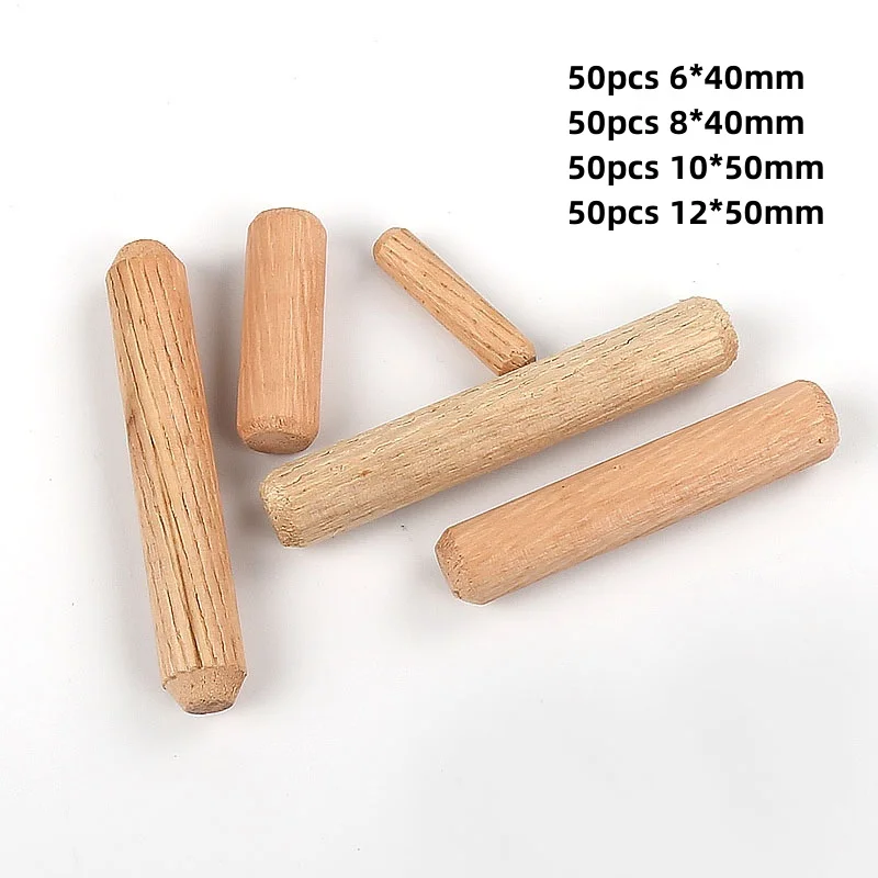 50pcs/pack Round Wooden Dowel Pins 6*40mm 8*40mm 10*50mm 12*50mmCabinet Drawer Round Fluted DIY Woodworking for Dowel Jigs drill