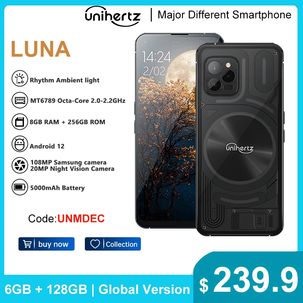 Unihertz-Smartphone Luna com luz ambiente, telefone móvel, celular, Android 12, 8GB, 256GB, 108MP, G99, visão noturna, ritmo