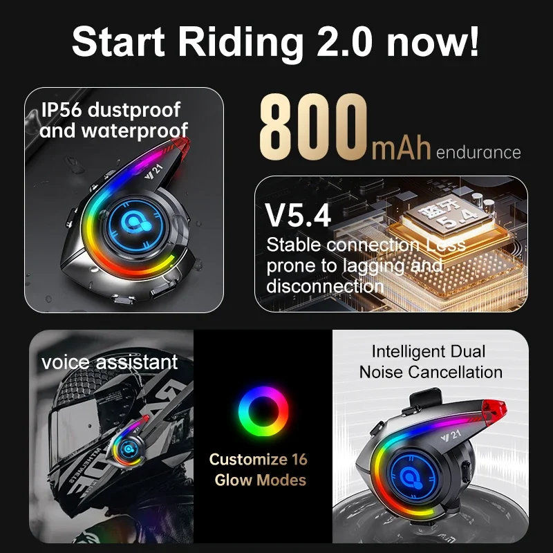 Y21 Motorcycle Helmet Headset Bluetooth 5.4 With FM Radio RGB Light Effect Waterproof Denoise Earphones Voice Assistant 800mAh