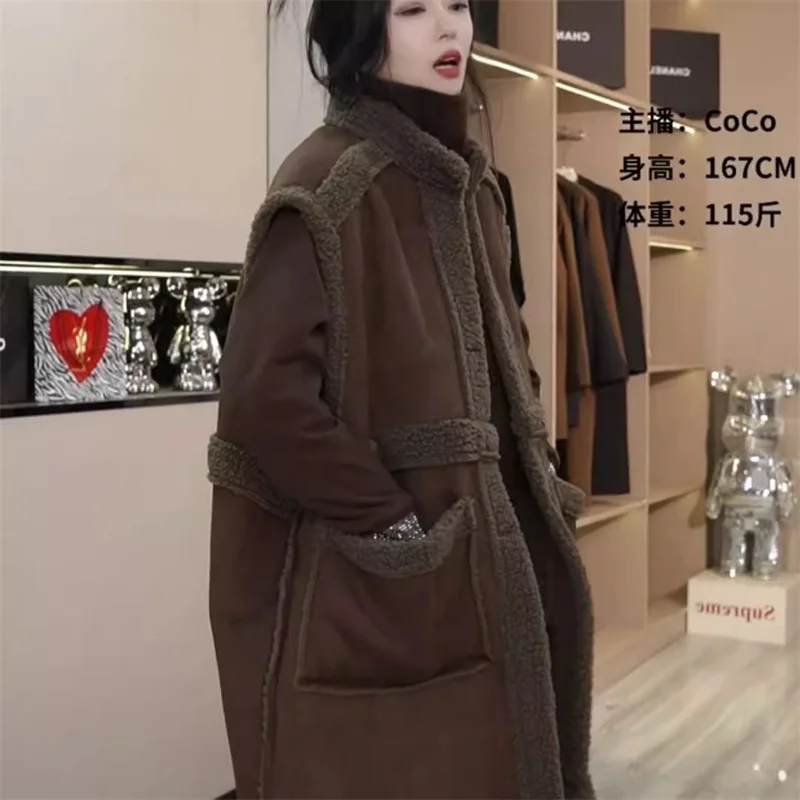 

2023 Winter New Korean Edition Two Sided Particle Fleece Thickened Vest Standing Collar Lamb Hair Contrast Spliced Coat Women