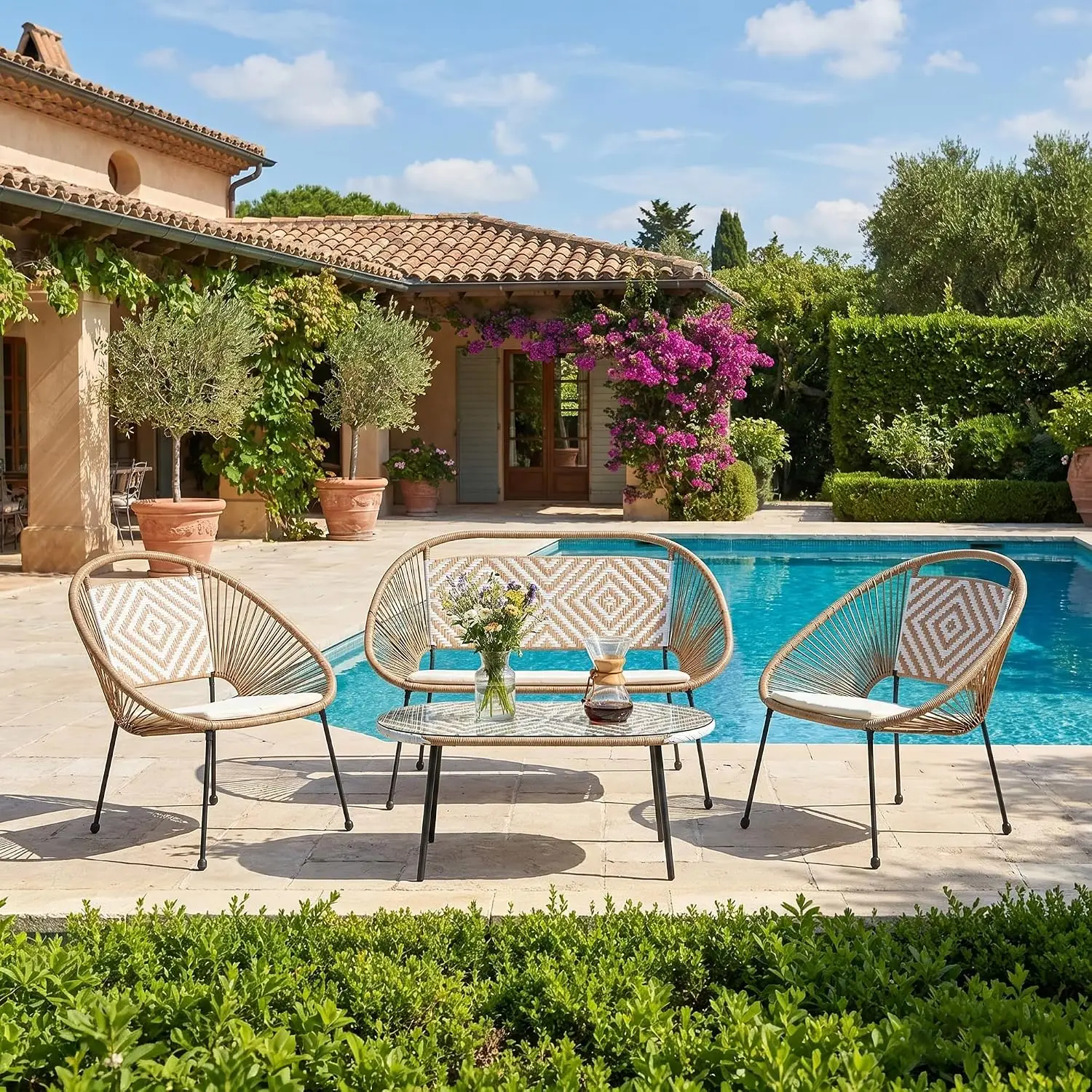 4-Piece Wicker Patio Furniture Set with Cushions, PE Rattan All-Weather Sofa & Chair with Coffee Table for Garden, Customized