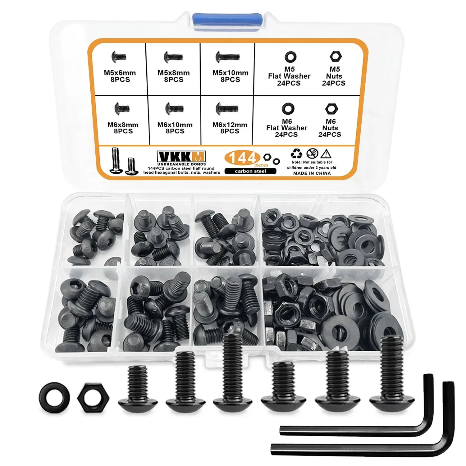 

VKKM144-piece M5/M6 Black Hexagon Socket Head Cap Bolt Set, Made of Carbon Steel, Suitable for Various Fastening Applications.