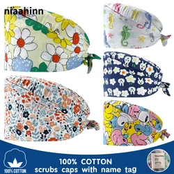 Gorros quirúrgicos con estampado de dibujos animados para enfermera, gorro de trabajo de médico, dentista, Algodón puro, ajustable, multiusos