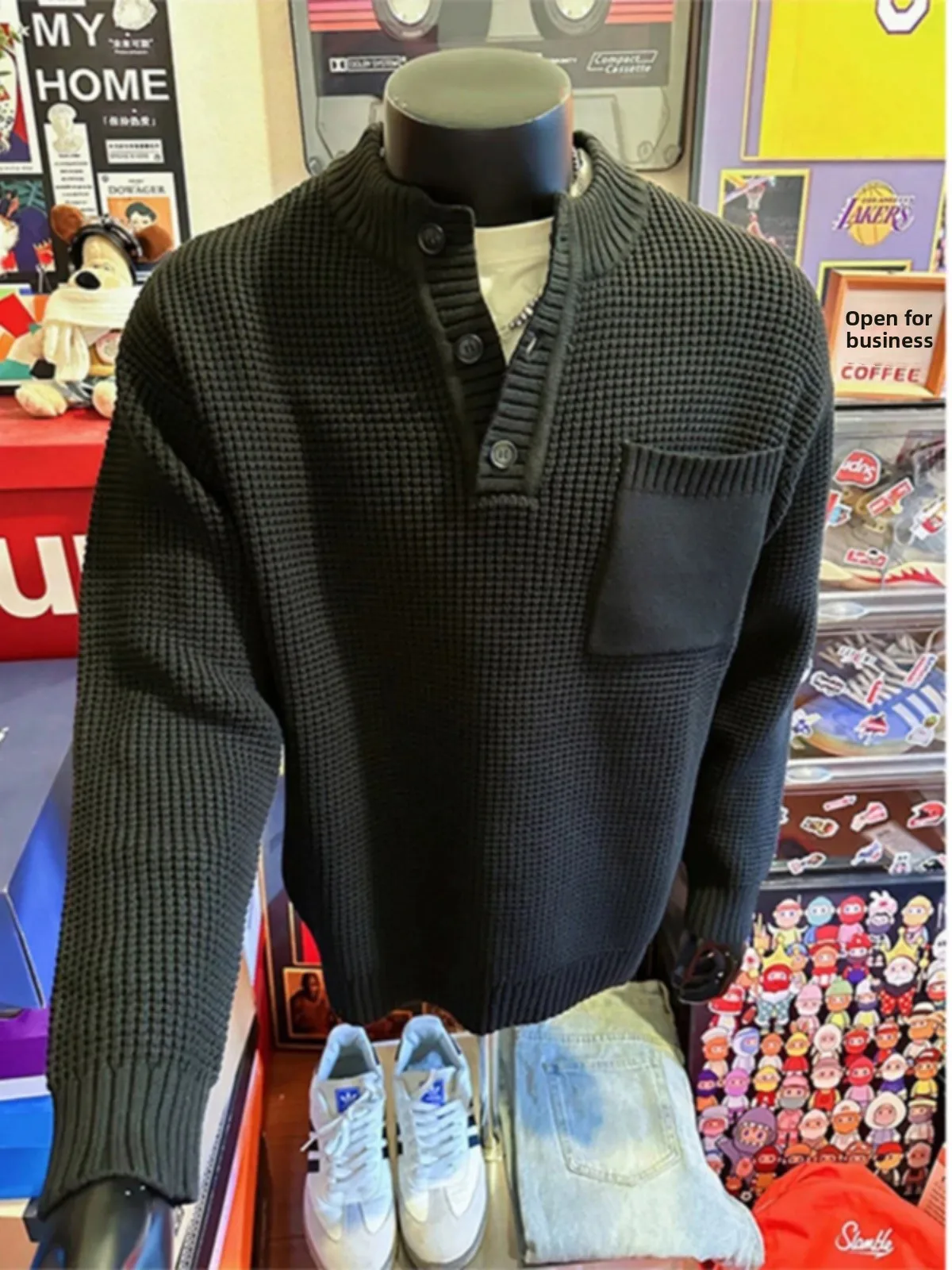 

Мужской зимний вязаный свитер с воротником Хенри, базовый слой для ношения под одеждой, в американском ретро-стиле, повседневный, свободного кроя, с длинными рукавами, круглый вырез