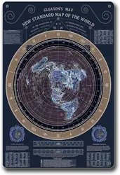 グリーソン標準世界地図、フラットアースマップ、ネイビーとゴールド、オフィスの家庭や教室に適したさまざまな、金属製のブリキの看板、新しい、2023