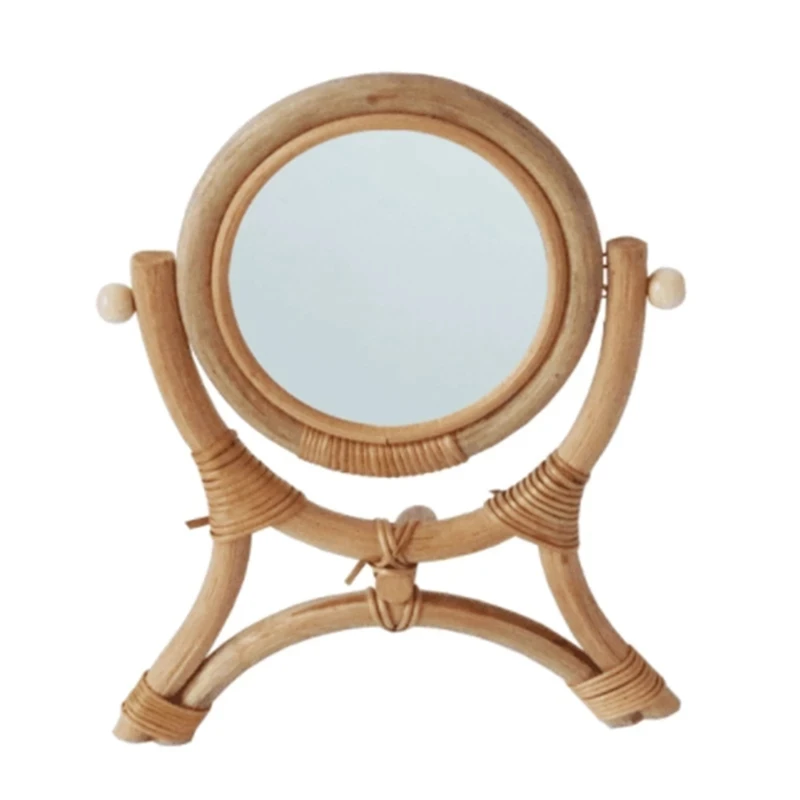 Hand Woven Table Makeup Mirror With Stand Rack Natural Rattan Dressing Retro Desktop Mirror Vertical Flip Handmade Round