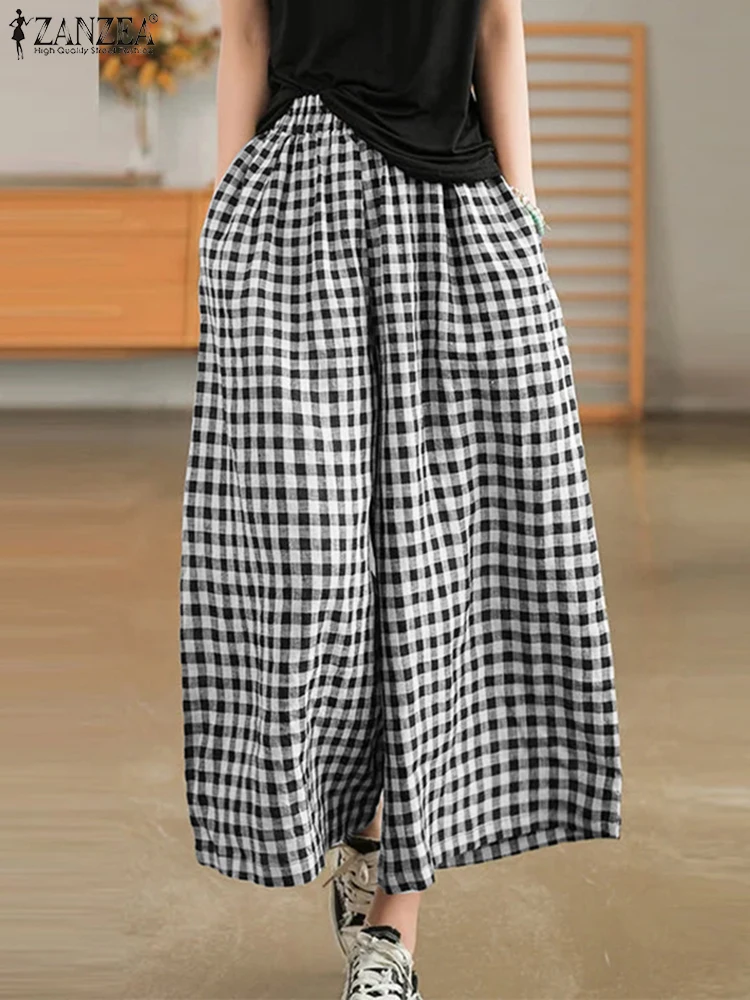 กางเกงวินเทจผู้หญิง 2025 ZANZEA กางเกงลายสก็อตฤดูใบไม้ร่วง ทรงหลวม ขากว้าง สไตล์ลำลอง เอวยางยืด ทรงปาลาซโซ่ เหมาะสำหรับทำงาน