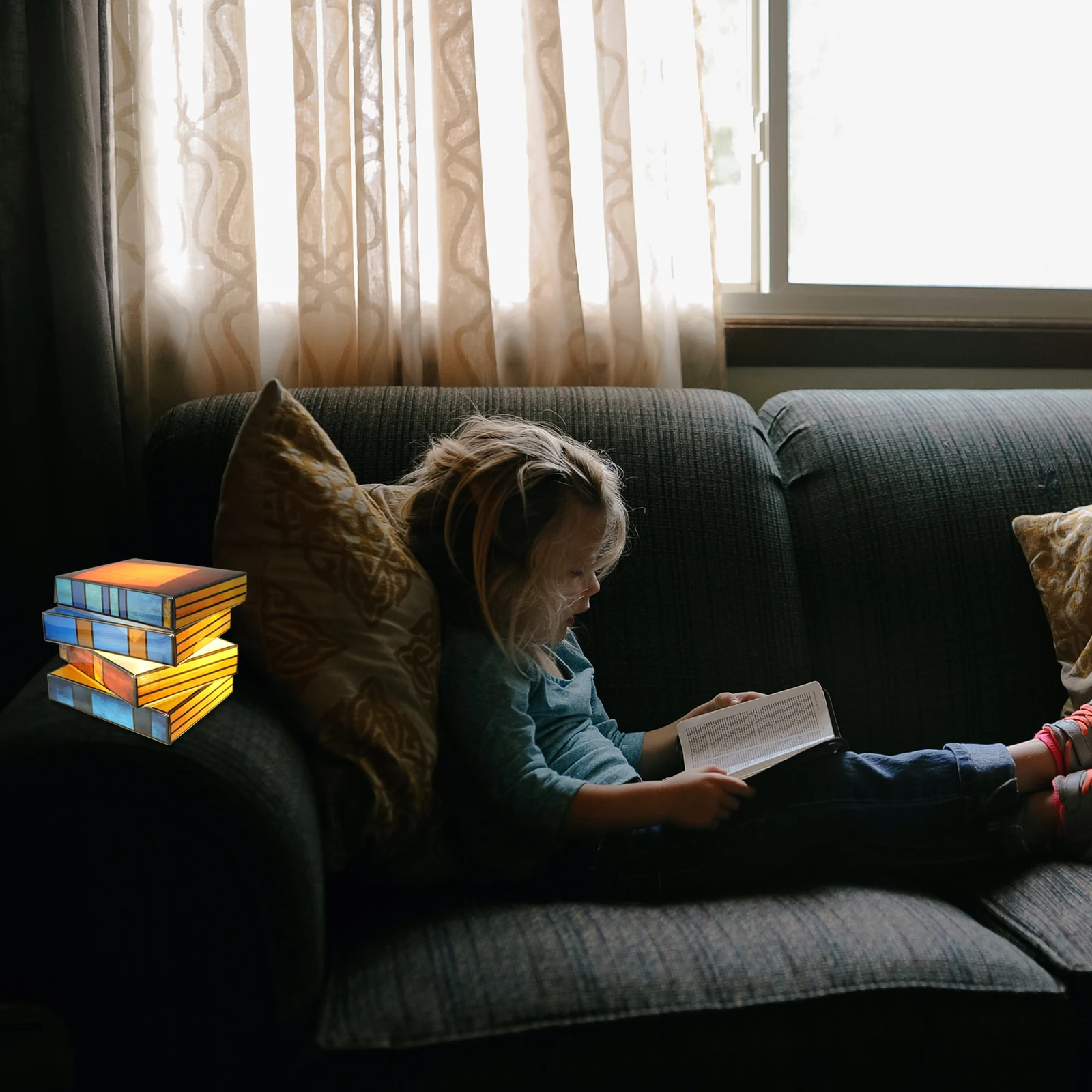 

Stained Glass Book Lamp Creative Stacked Books Design Nightstand Desk Reading Table Lamp for Bedroom Living Room