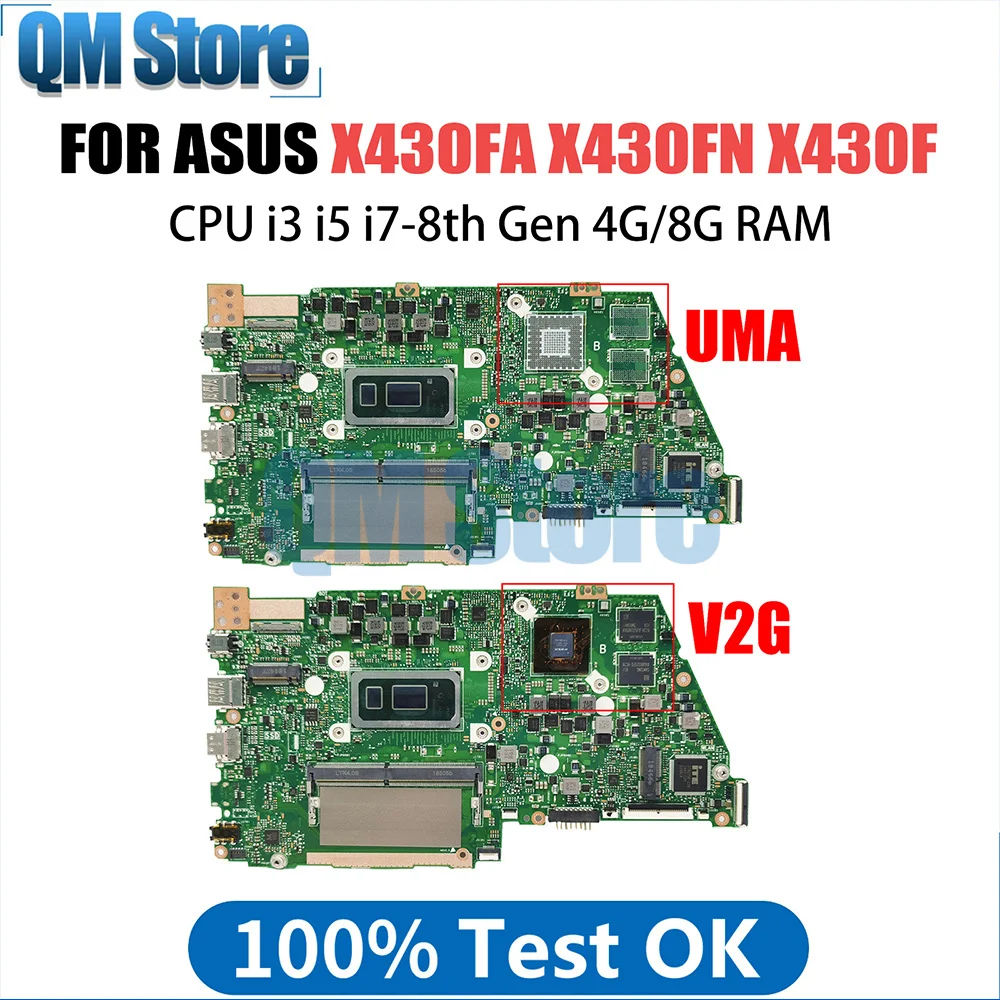 Notebook Mainboard For ASUS X430FA X430F X430FN K430F R430F S430F S4300F Laptop Motherboard i3 i5 i7 8th CPU V2G UMA 4GB 8GB RAM